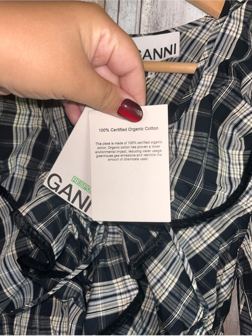 NWT GANNI Black Plaid Ruffle Lace Up Mini Dress Organic Cotton US4 DE36 - Picture 6 of 8